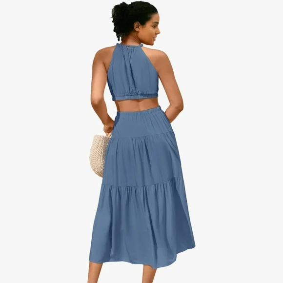 MIHOLL Dusty Blue Cutout Halter Maxi Dress - Picture 2 of 16